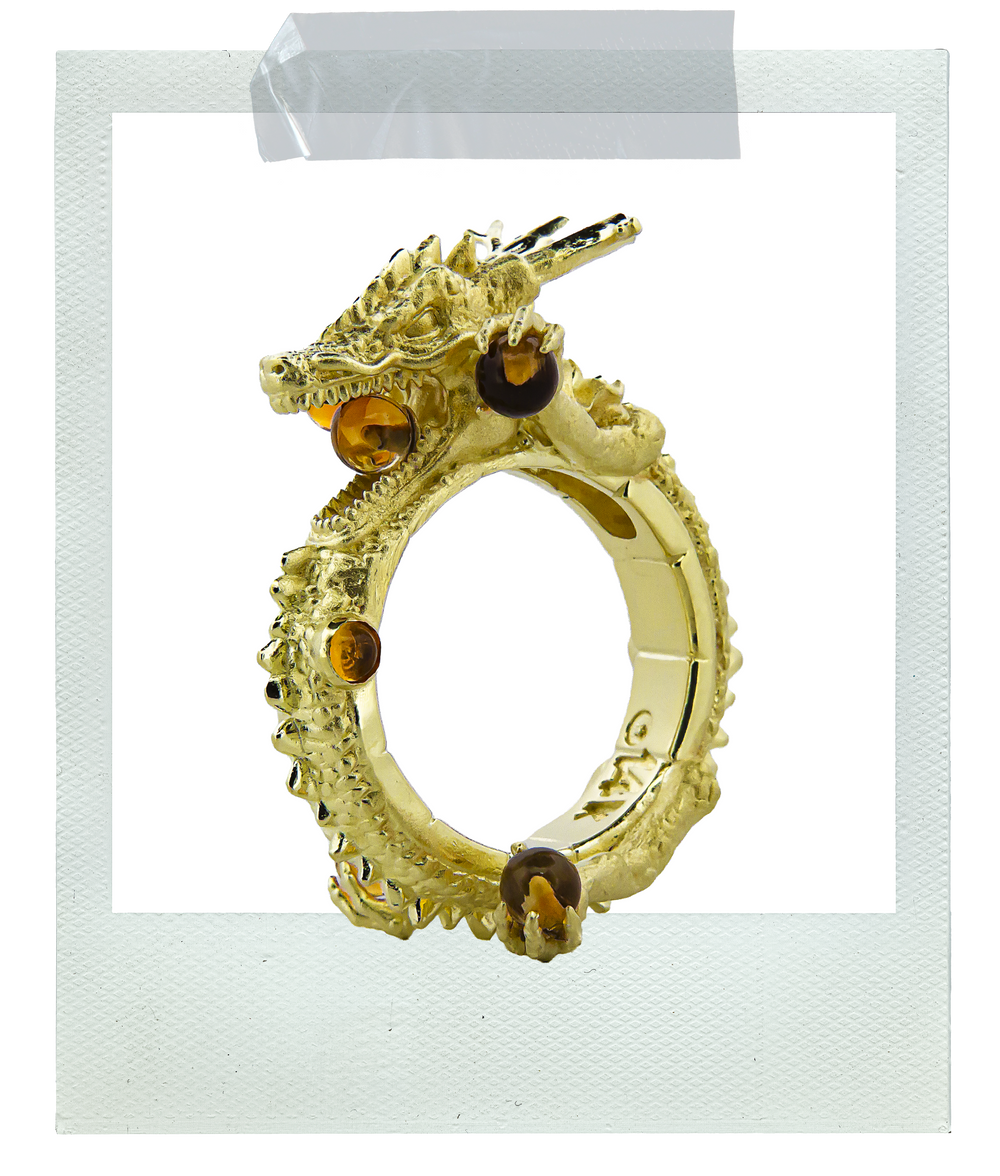 14k green gold shenron dbz dragonball z inspired custom ring holding 7 citrine gemstones